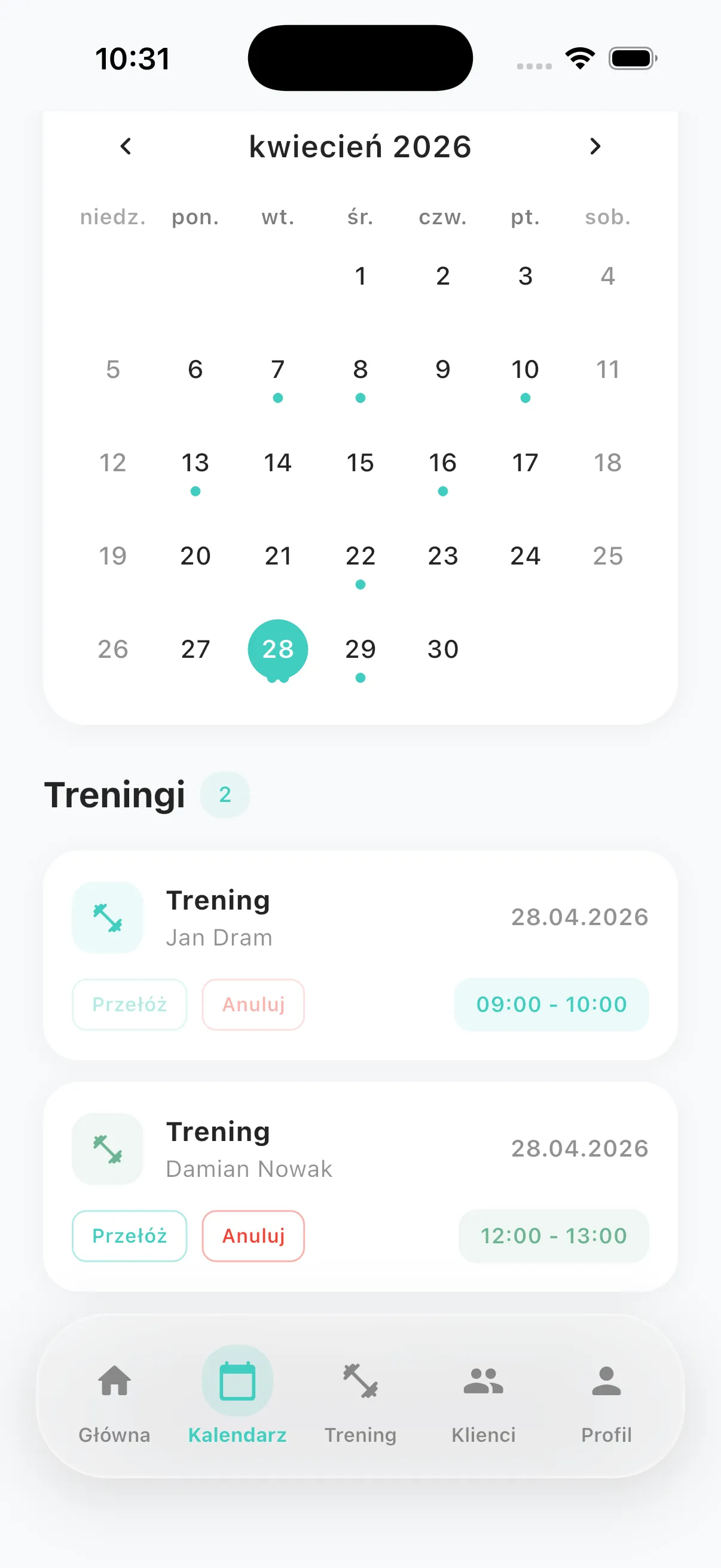 Fitnity - Kalendarz z treningami